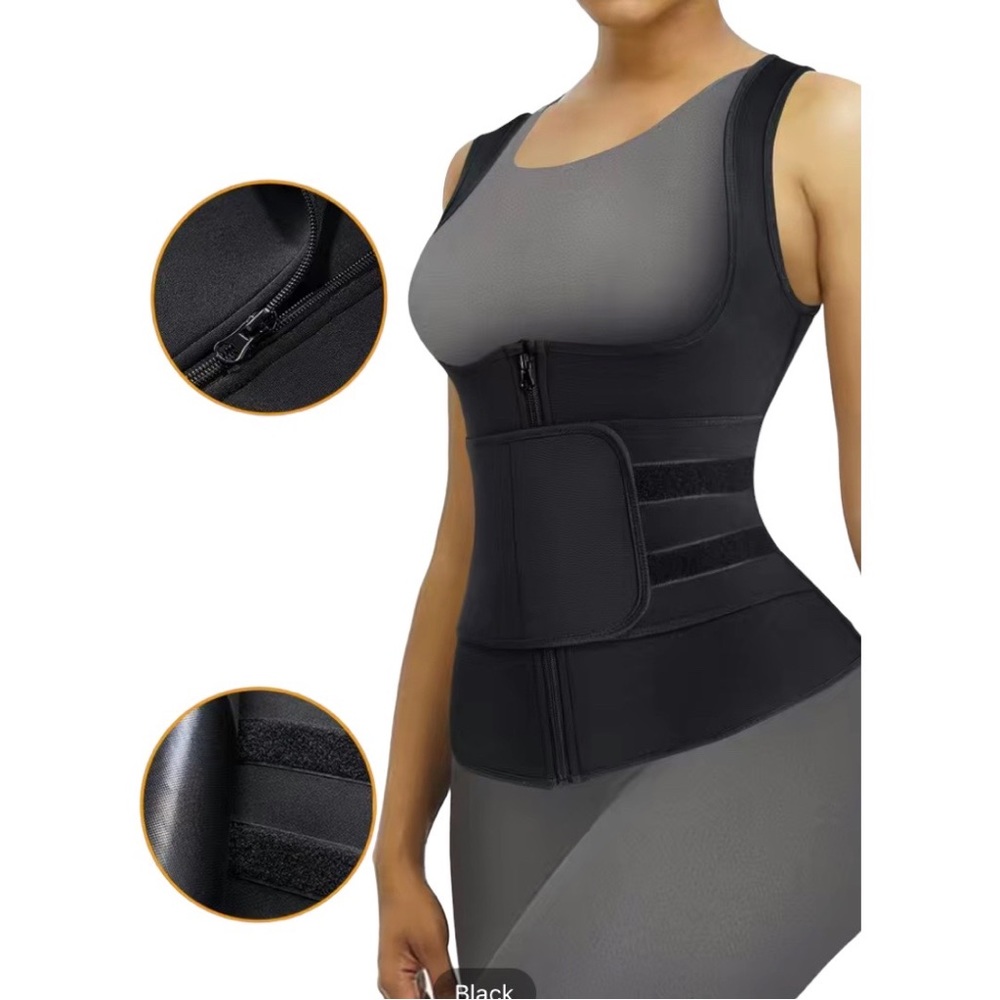 Black Zip-up Body-shaped Sauna Tank Top, Slim Fitted Adjustable Waist Trainer